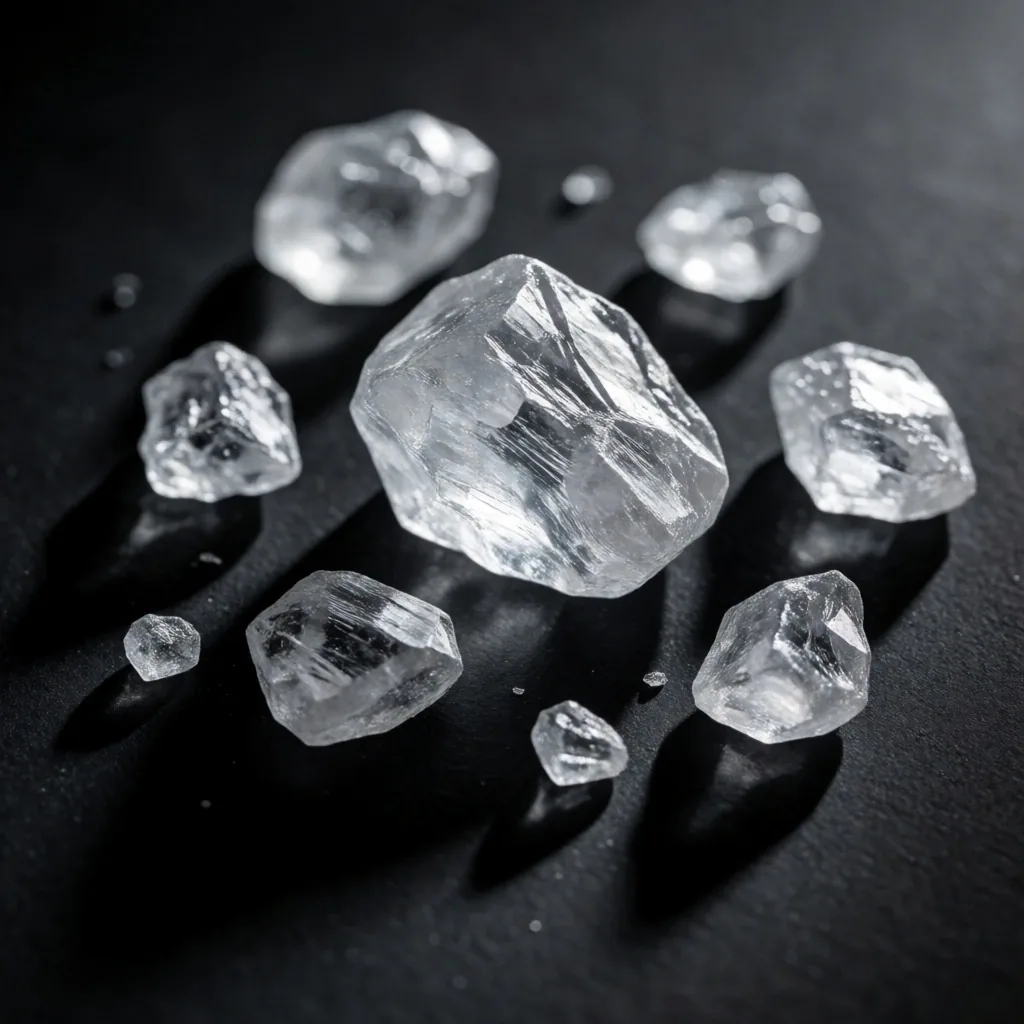 Raw mineral specimens on a laboratory surface