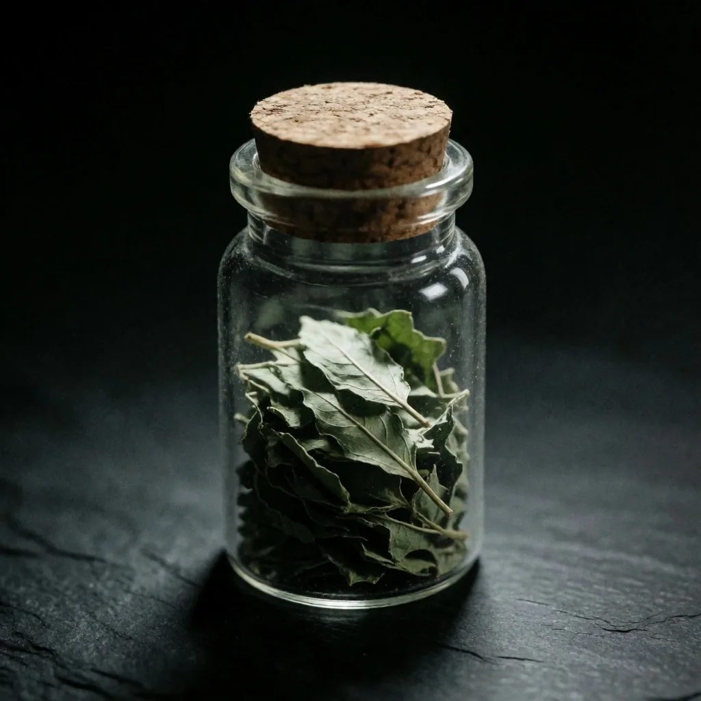Glass vial with dried botanical leaves on dark slate