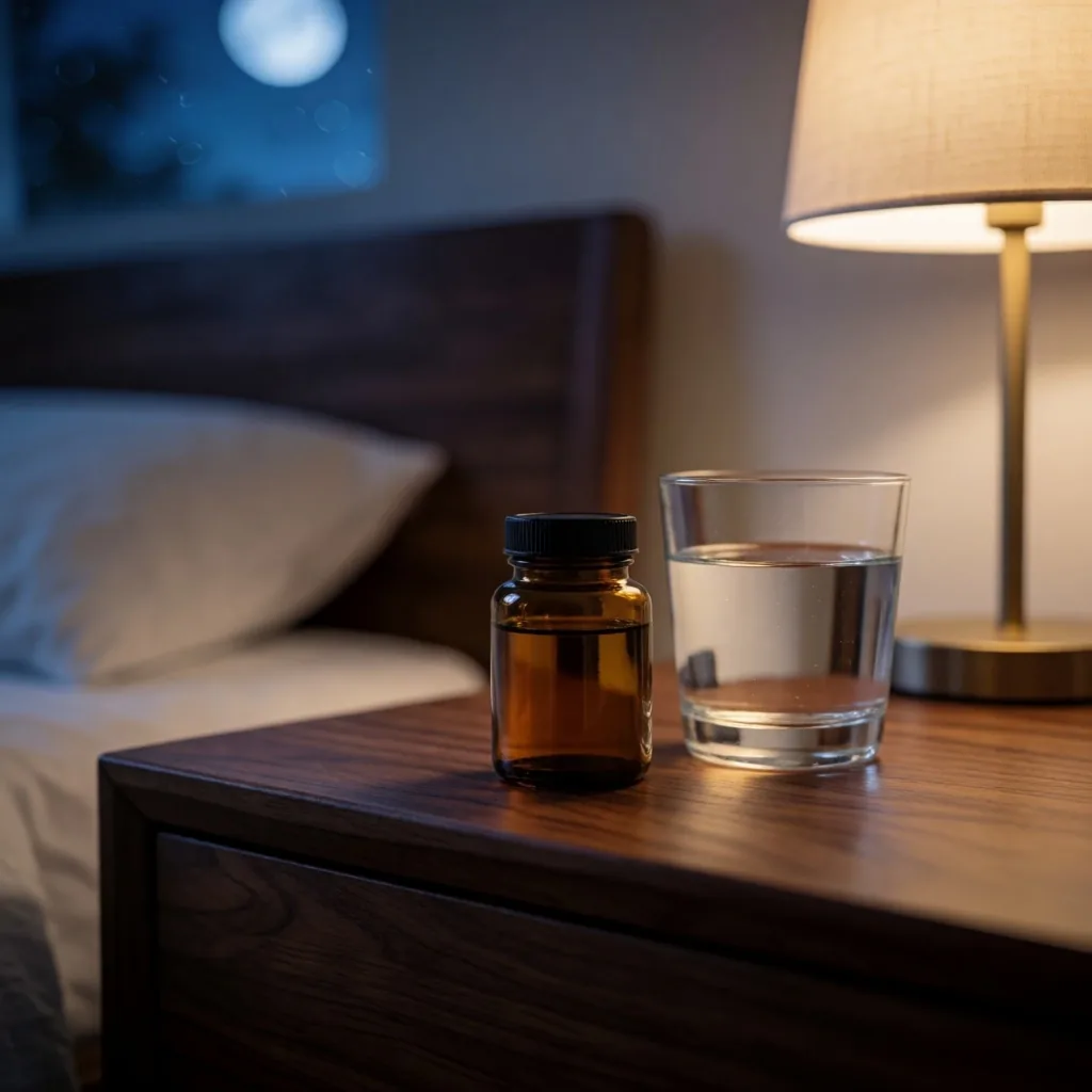 Evening bedside scene with supplement bottle
