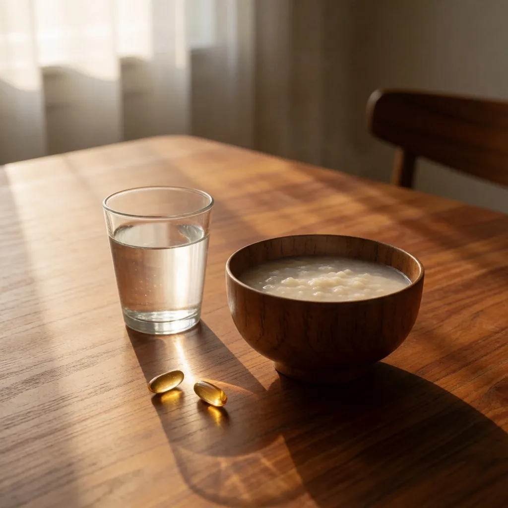 Morning breakfast scene with natural supplement capsules and water