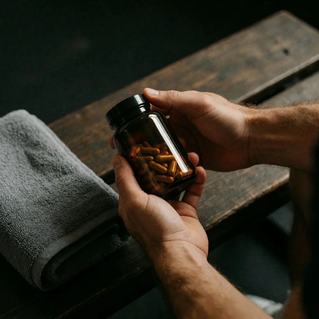 Natural supplement bottle beside gym towel