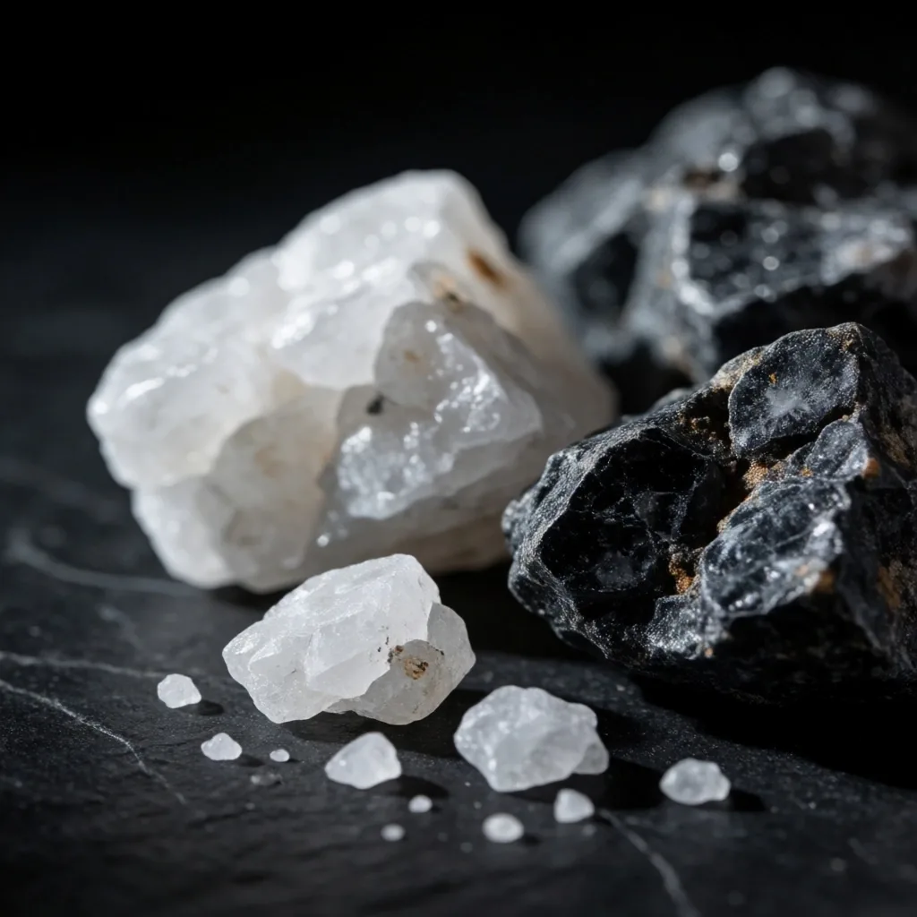 Raw crystalline mineral specimens on dark glass