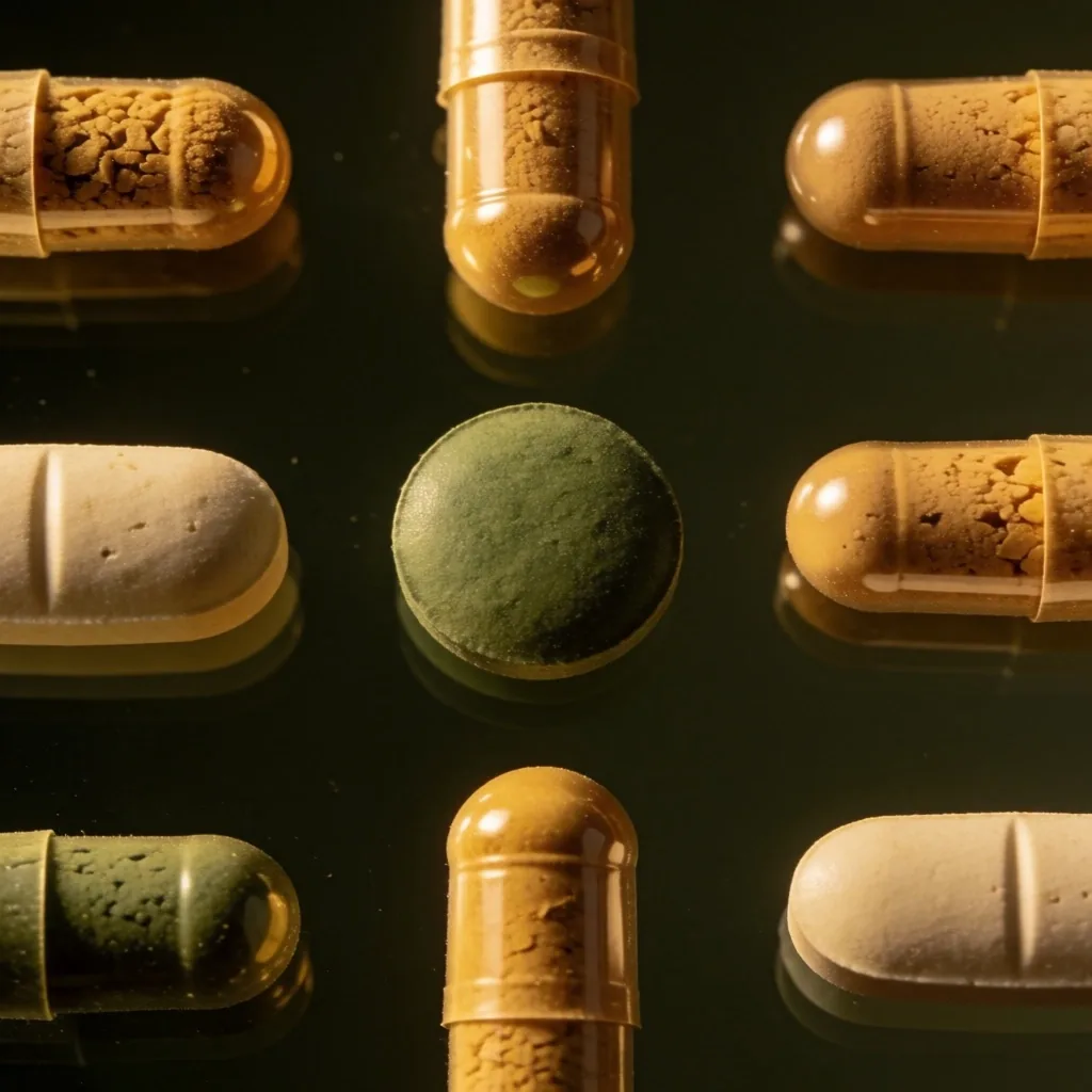 Vitamin capsules and tablets arranged on a dark glass surface