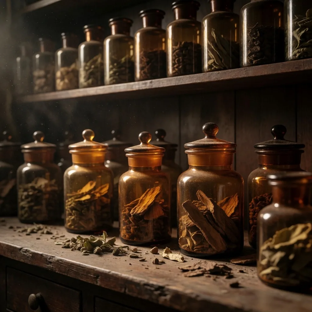 Dark laboratory shelf with herbs and glass bottles