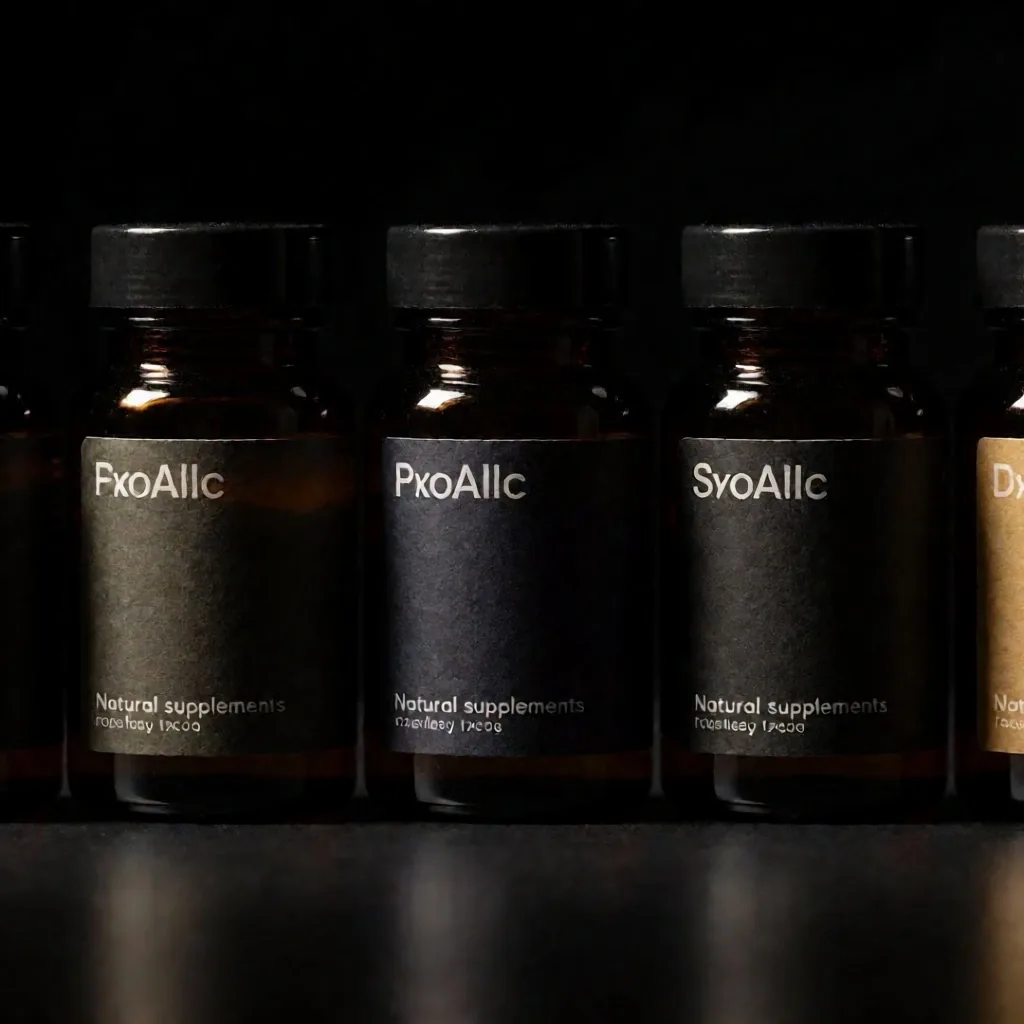 Amber glass supplement bottles arranged on a dark reflective surface
