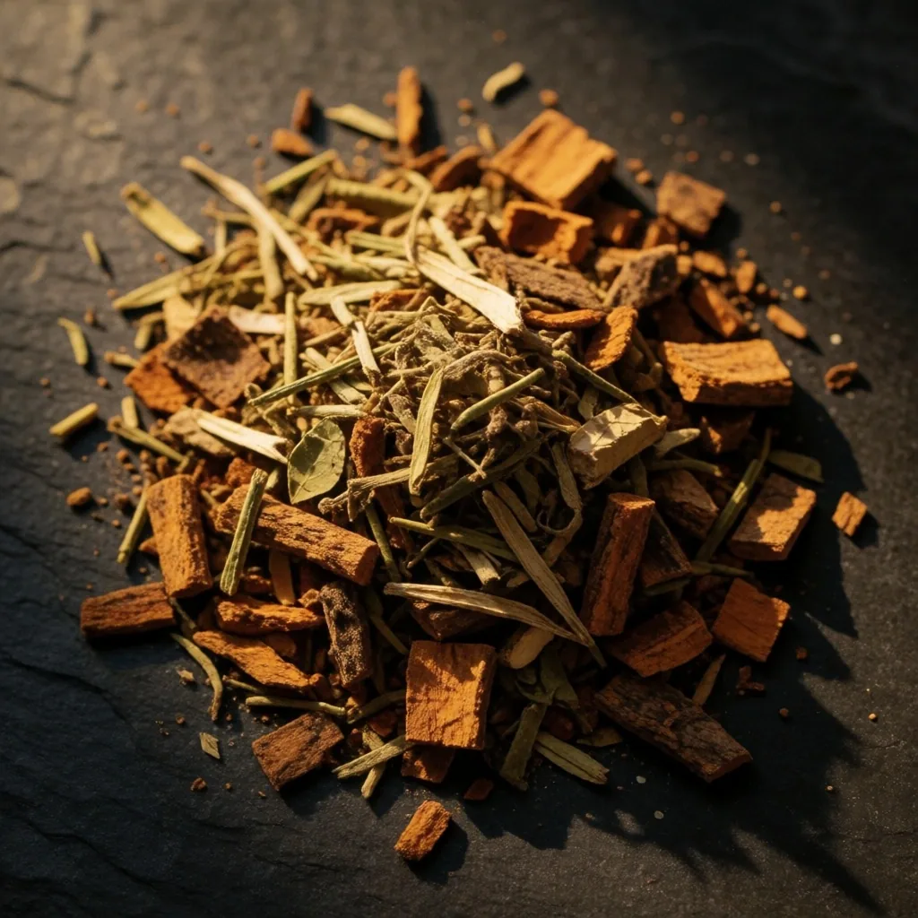 Dried botanical ingredients on a dark stone surface